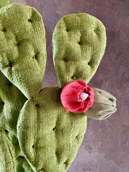 Opuntia in wool fabric complete with white ceramic vase and decorative stones.