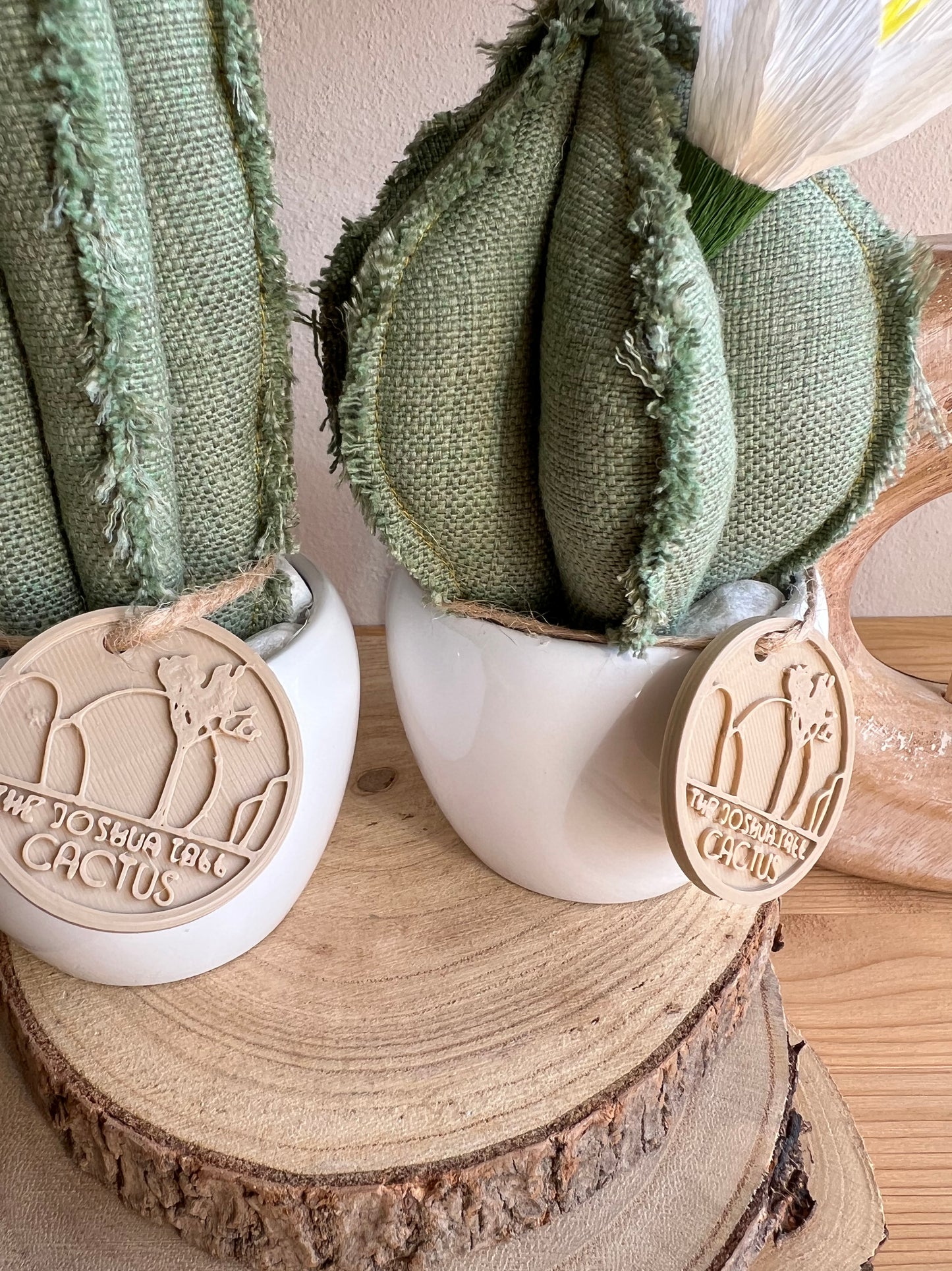 Coppia di mini Cactus in cotone verde, vaso in ceramica bianco lucido, h circa 17 e 22 cm - fiore staccabile