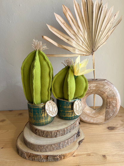 Coppia di mini Cactus in panno verde, vaso in ceramica oro con striature verde scuro , h circa 17 e 23  cm - fiore staccabile