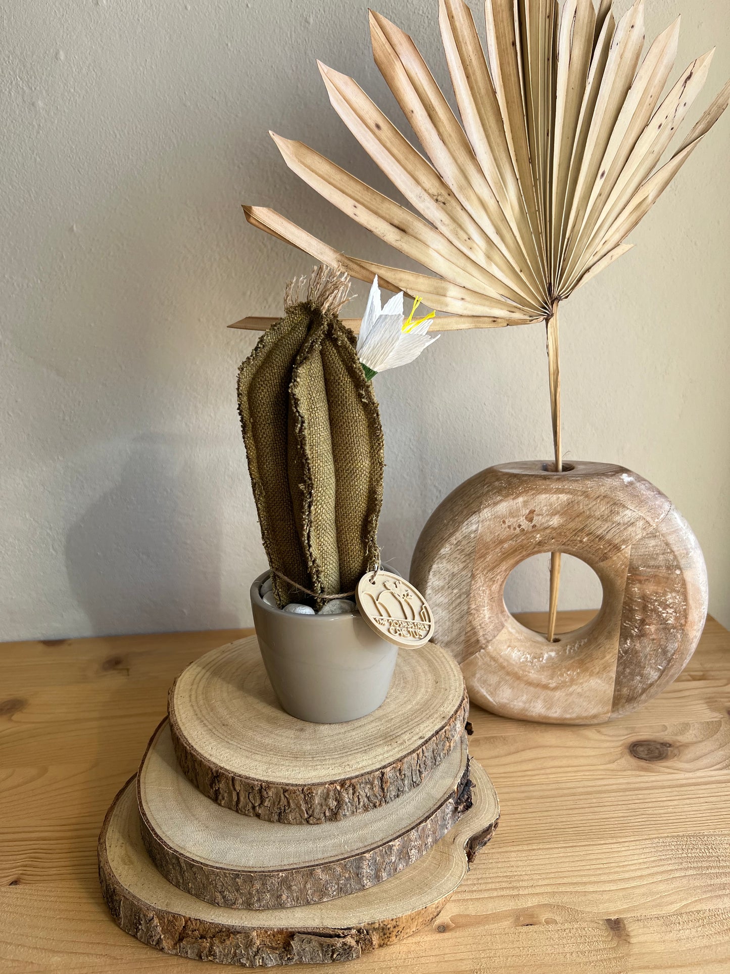 Mini Cactus in cotone verde, vaso in ceramica grigio lucido, h circa 22  cm - fiore staccabile