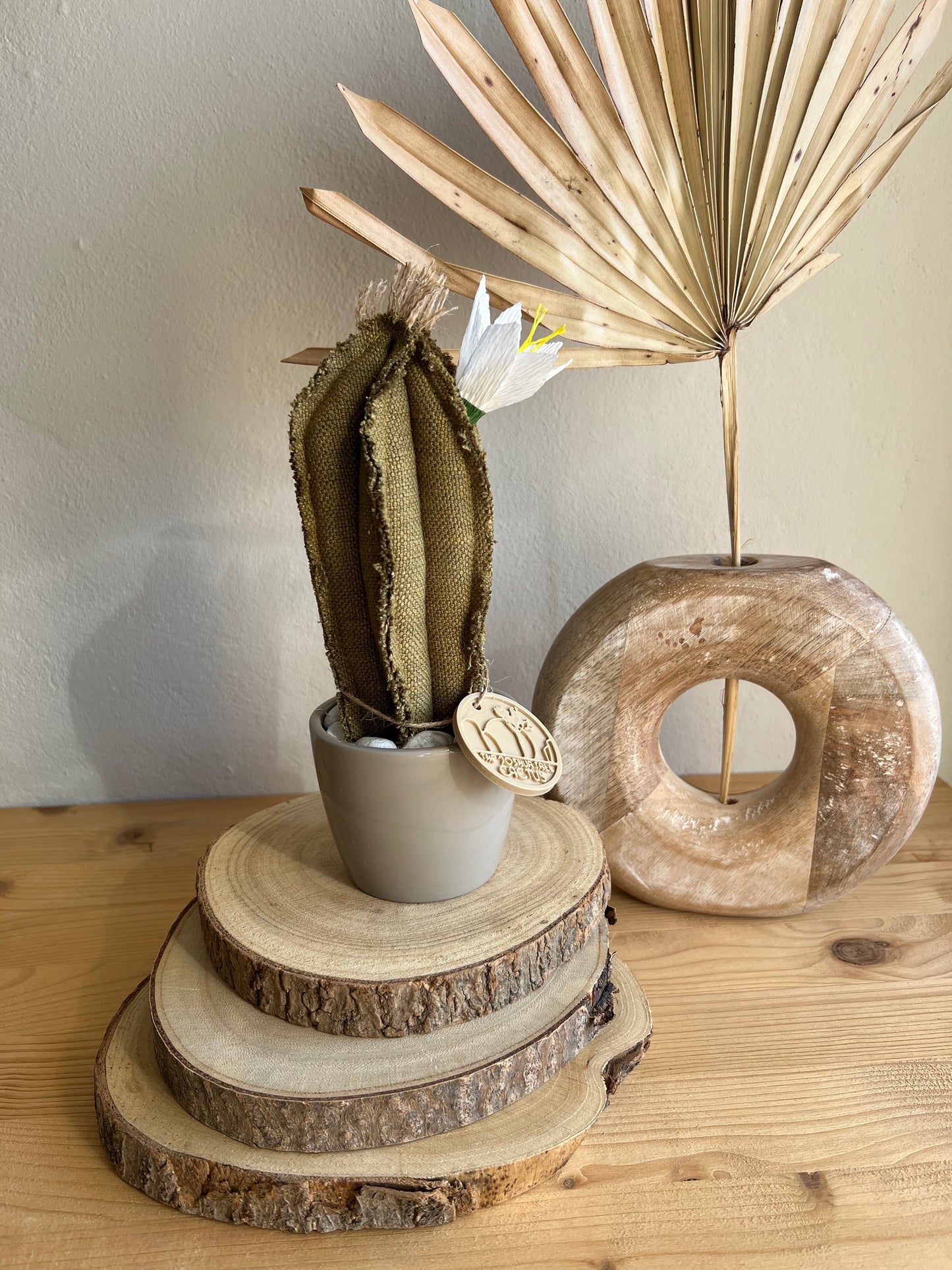 Mini Cactus in cotone verde, vaso in ceramica grigio lucido, h circa 22  cm - fiore staccabile