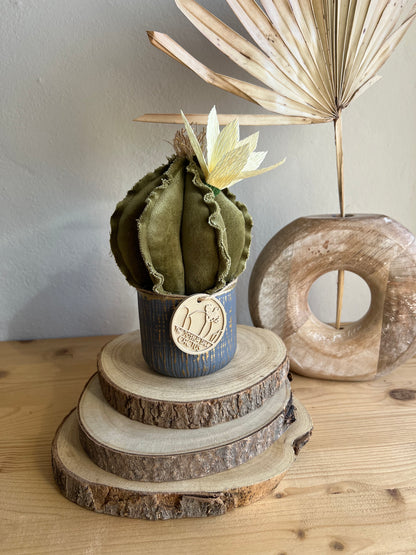 Mini Cactus in velluto verde, vaso in ceramica oro con striature lilla, h circa 17  cm - fiore staccabile