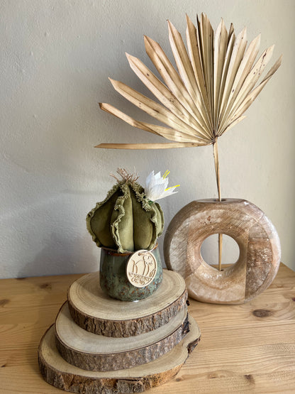 Mini Cactus in velluto verde menta, vaso in ceramica verde scuro motivo astratto altezza circa 17 cm  -  fiore staccabile