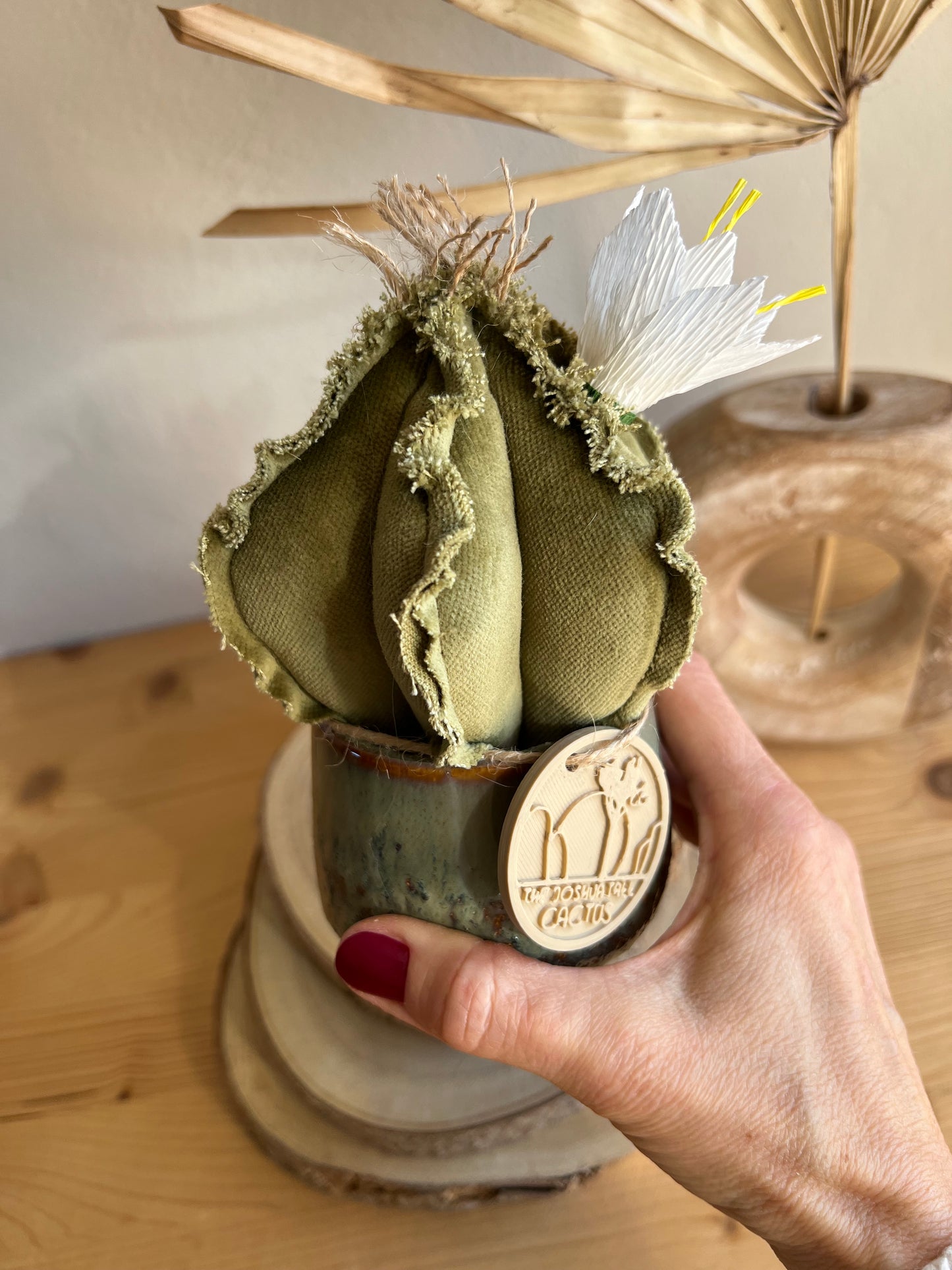 Mini Cactus in velluto verde menta, vaso in ceramica verde scuro motivo astratto altezza circa 17 cm  -  fiore staccabile