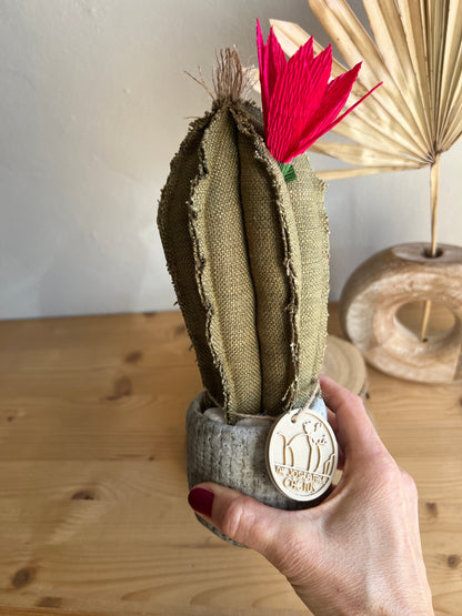 Mini Cactus in cotone verde, vaso in ceramica simil cemento altezza circa 23  cm - fiore staccabile