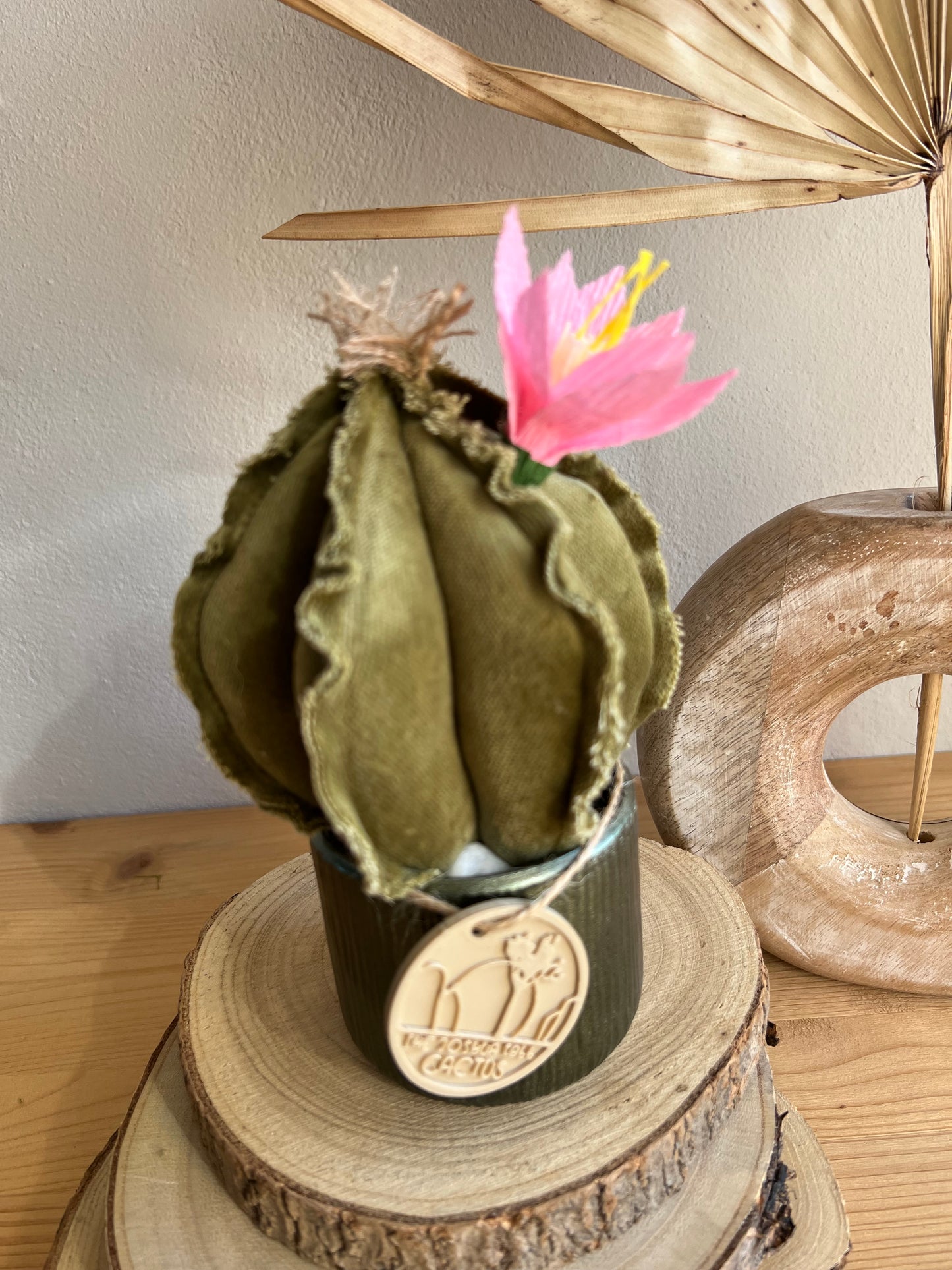 Mini Cactus in velluto verde menta, vaso in ceramica verde altezza circa 17 cm  -  fiore staccabile