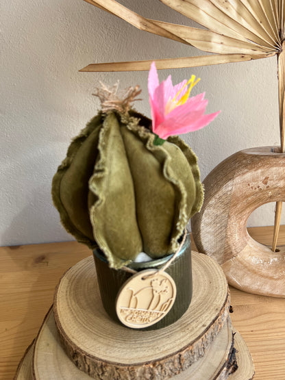 Mini Cactus in velluto verde menta, vaso in ceramica verde altezza circa 17 cm  -  fiore staccabile