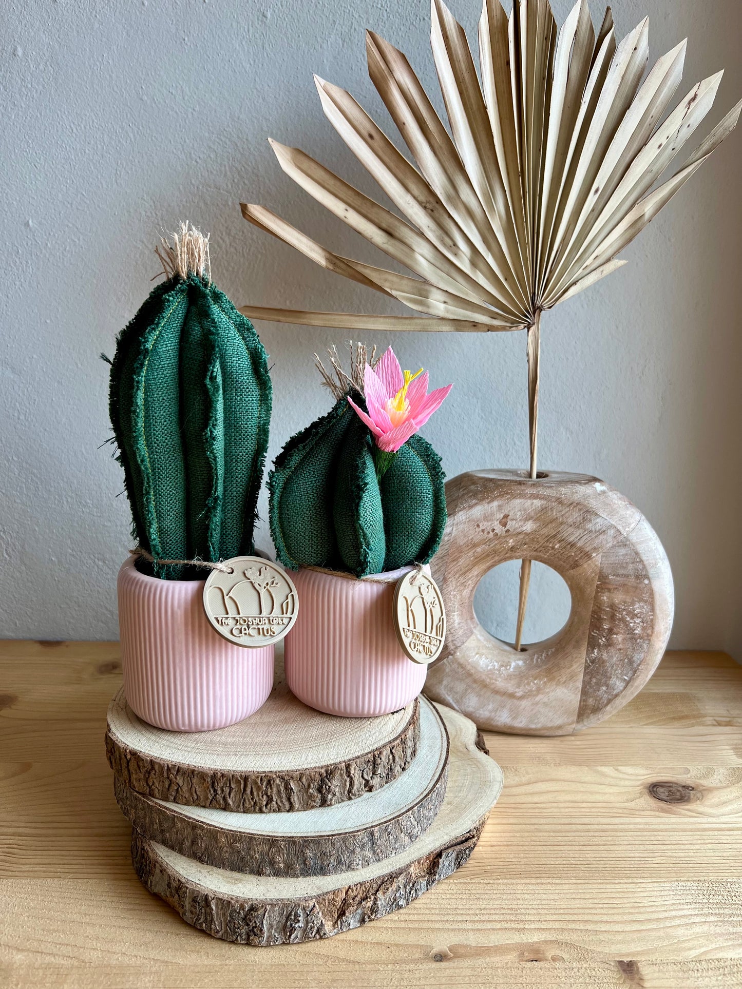 Coppia di mini Cactus in cotone verde scuro, vaso in ceramica rosa, h circa 17 e  22  cm - fiore staccabile