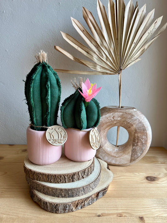 Coppia di mini Cactus in cotone verde scuro, vaso in ceramica rosa, h circa 17 e  22  cm - fiore staccabile