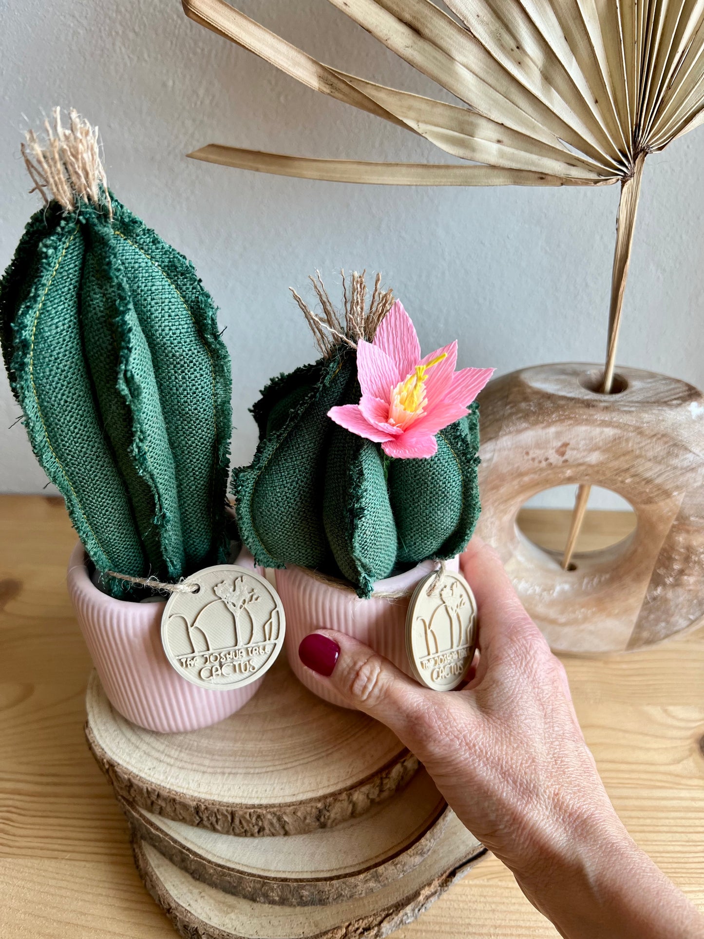 Coppia di mini Cactus in cotone verde scuro, vaso in ceramica rosa, h circa 17 e  22  cm - fiore staccabile