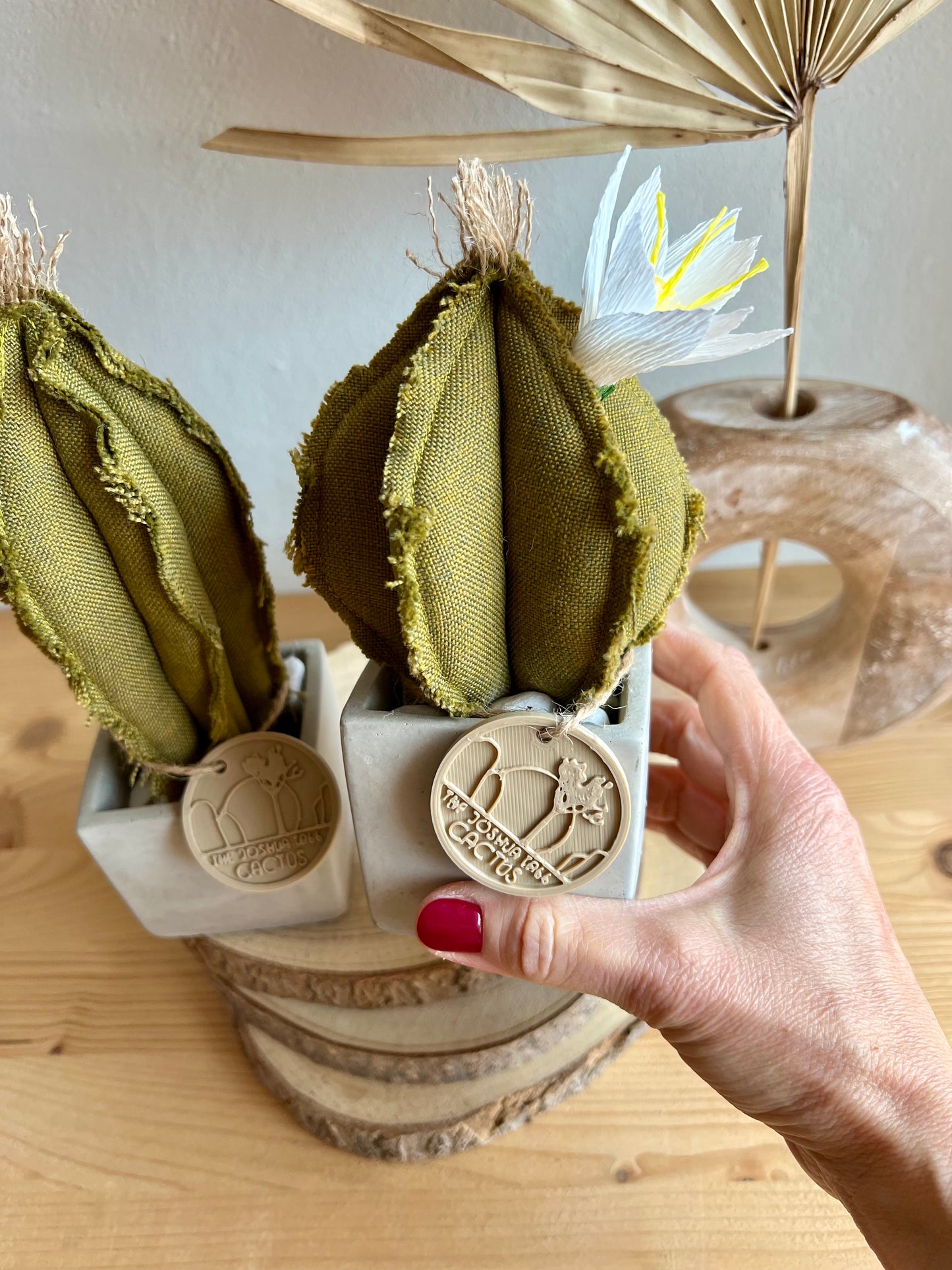 Coppia di mini Cactus in cotone verdeoro, vaso in cemento a cubo, h circa 17 e  22  cm - fiore staccabile