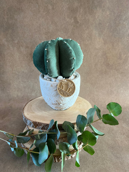 Composizione ricamata in vellutino verde, vaso in cemento con motivi a foglia, h circa 19.