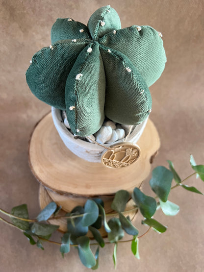 Composizione ricamata in vellutino verde, vaso in cemento con motivi a foglia, h circa 19.