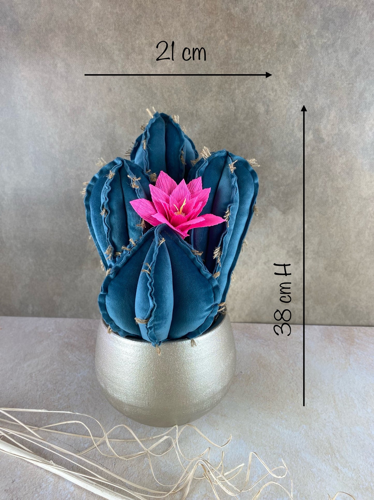 Blue velvet cactus composition with gray ceramic vase and decorative pebbles