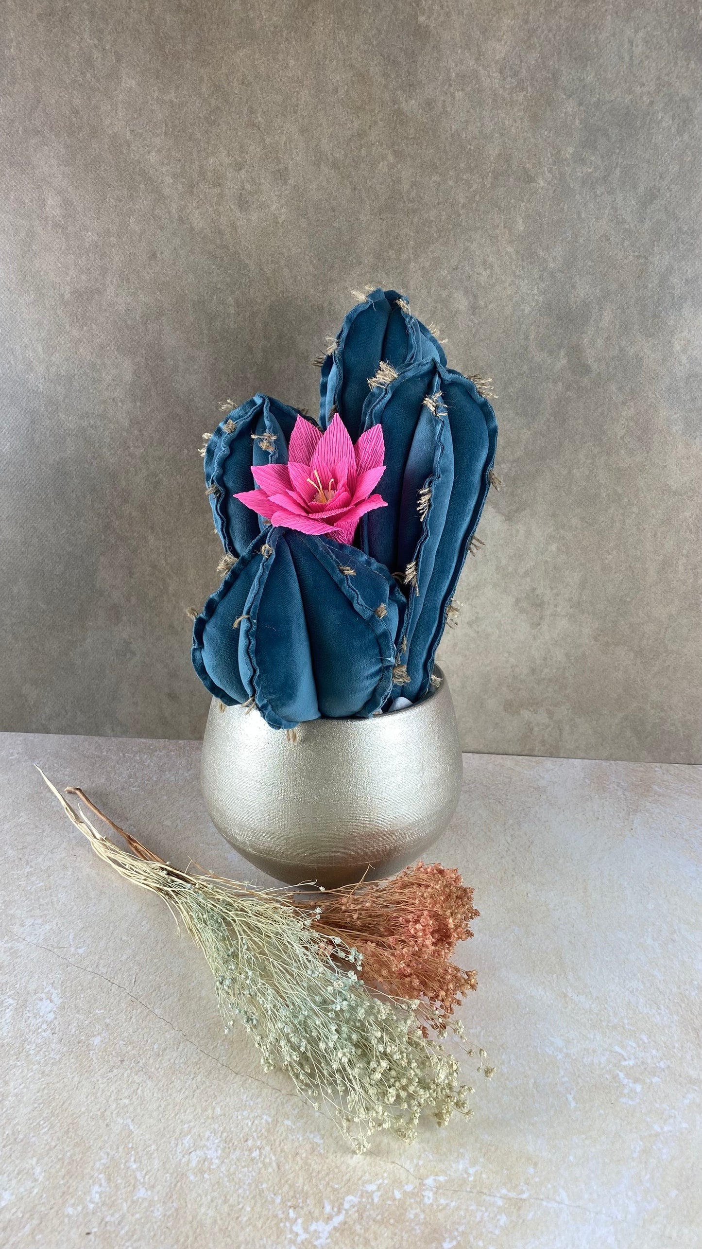 Blue velvet cactus composition with gray ceramic vase and decorative pebbles