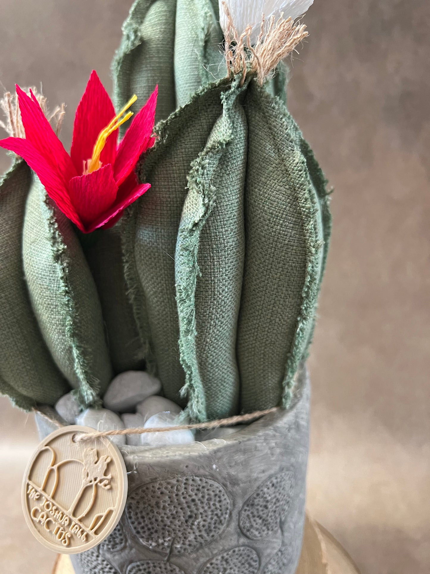 Composizione 3 cactus in cotone verde chiaro, vaso in ceramica opaca grigia con motivo "soffioni"  h circa 32cm - fiori staccabili.
