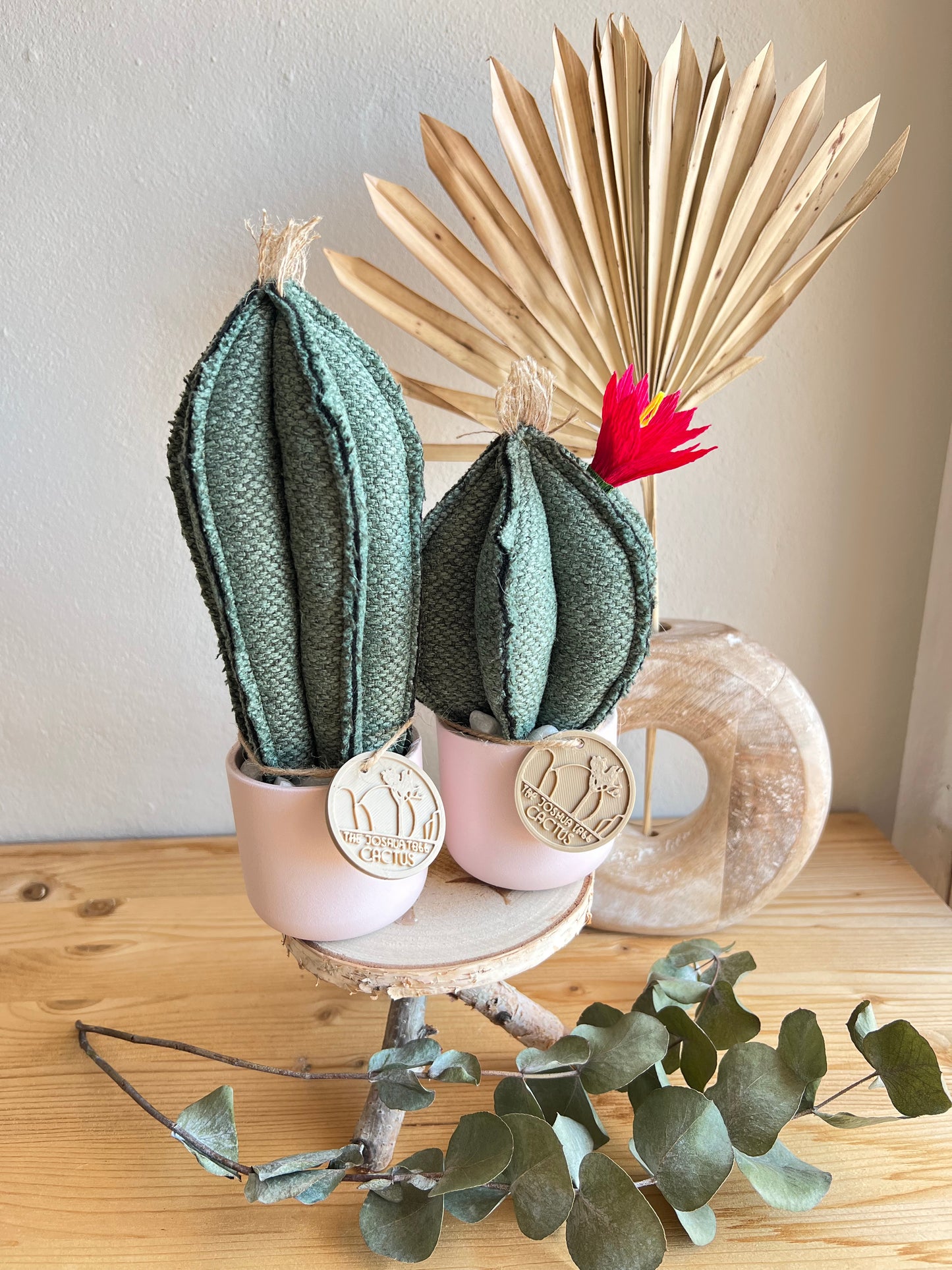Coppia di mini Cactus in cotone verde scuro mélange, vaso in ceramica rosa pallido, h circa 17 e 23  cm - fiore staccabile