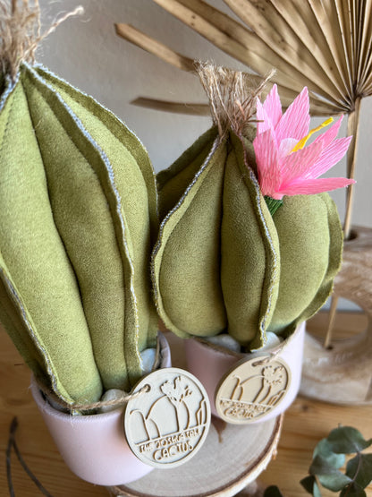Coppia di mini Cactus in alcantara verde chiaro, vaso in ceramica rosa pallido, h circa 17 e 23  cm - fiore staccabile