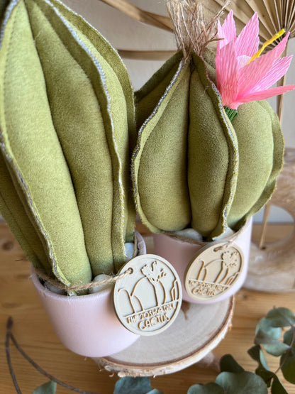 Coppia di mini Cactus in alcantara verde chiaro, vaso in ceramica rosa pallido, h circa 17 e 23  cm - fiore staccabile