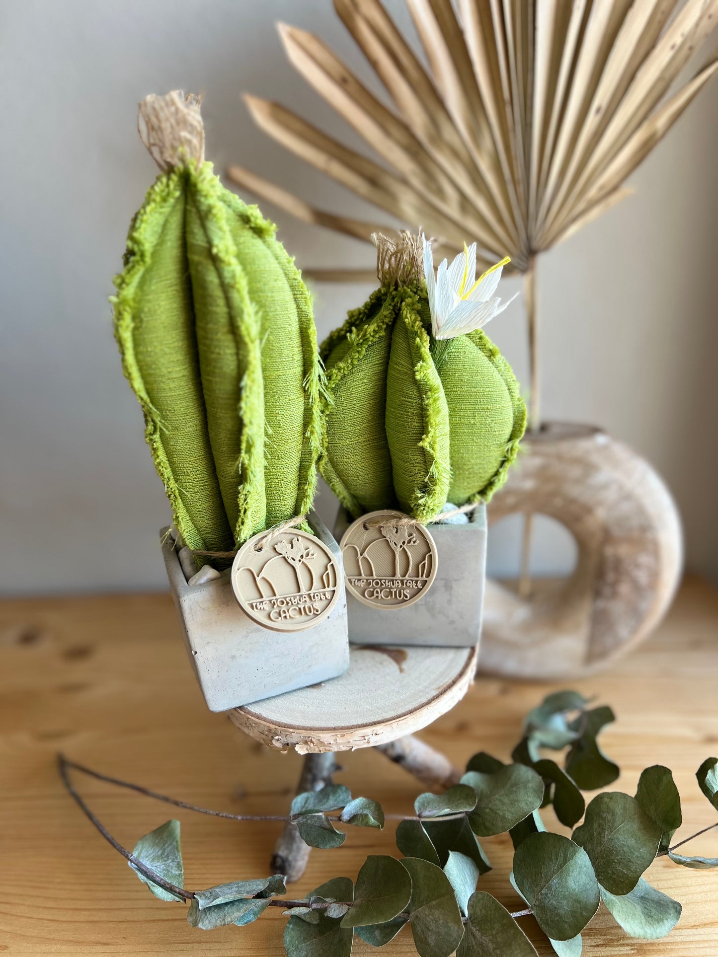 Coppia di mini Cactus in cotone verde chiaro, vaso cubo in cemento, h circa 17 e 23  cm - fiore staccabile.