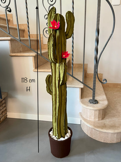 Big cactus in velluto verde scuro brillante -  altezza 118 cm- in pronta consegna - completo di  fiori (staccabili) SPEDIZIONE GRATUITA