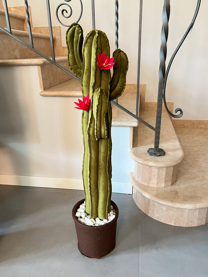 Big cactus in velluto verde scuro brillante -  altezza 100 cm - DISPONIBILE SU ORDINAZIONE- TEMPO DI CONSEGNA: 3 SETTIMANE DATA ORDINE - completo di  fiori (staccabili) SPEDIZIONE GRATUITA