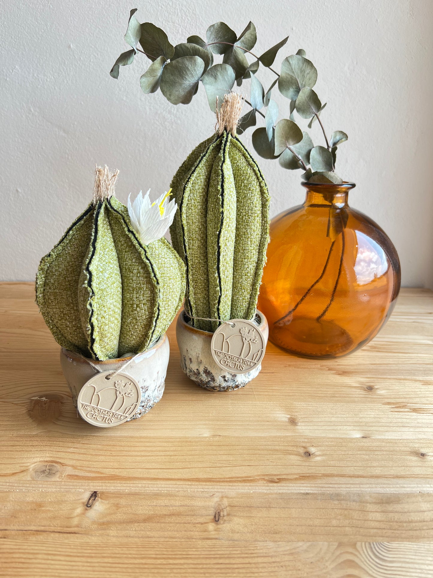 Coppia di mini Cactus in cotone verde, vaso in ceramica beige disegno astratto , h circa 18 e 22  cm - fiore staccabile