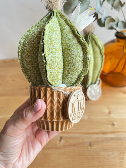 Coppia di mini Cactus in cotone verde, vaso in ceramica marrone chiaro vintage style , h circa 18 e 23  cm - fiore staccabile (Copia)