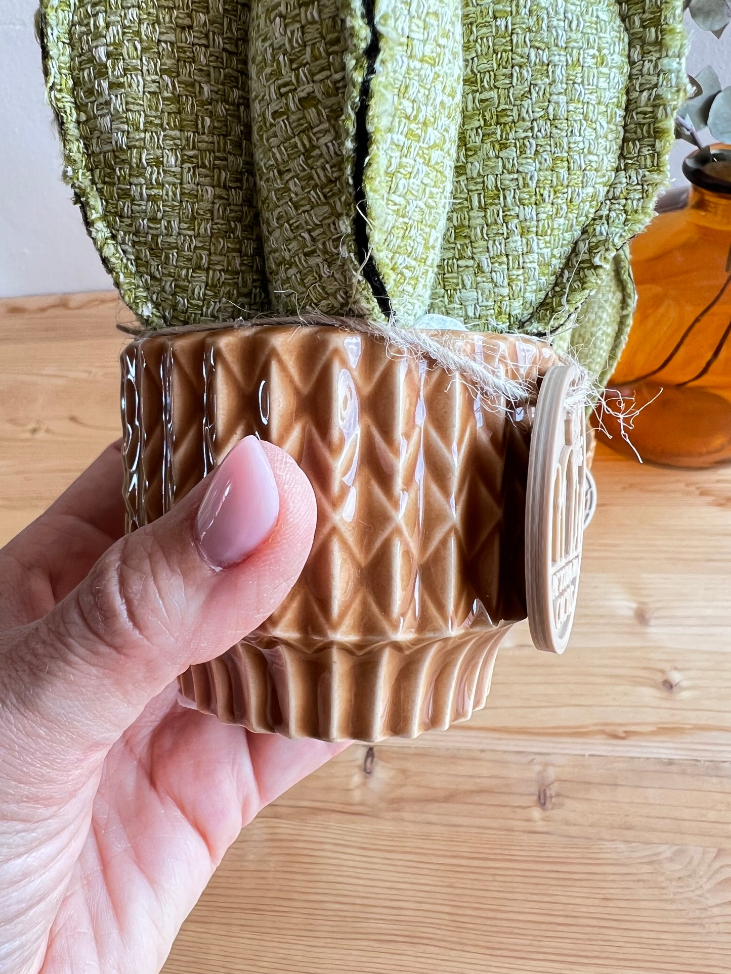 Coppia di mini Cactus in cotone verde, vaso in ceramica marrone chiaro vintage style , h circa 18 e 23  cm - fiore staccabile (Copia)