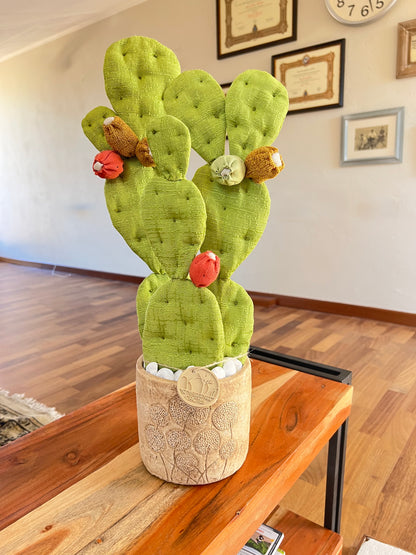 Opuntia verde chiaro vaso in ceramica opaca beige con motivo "soffioni" - in pronta consegna