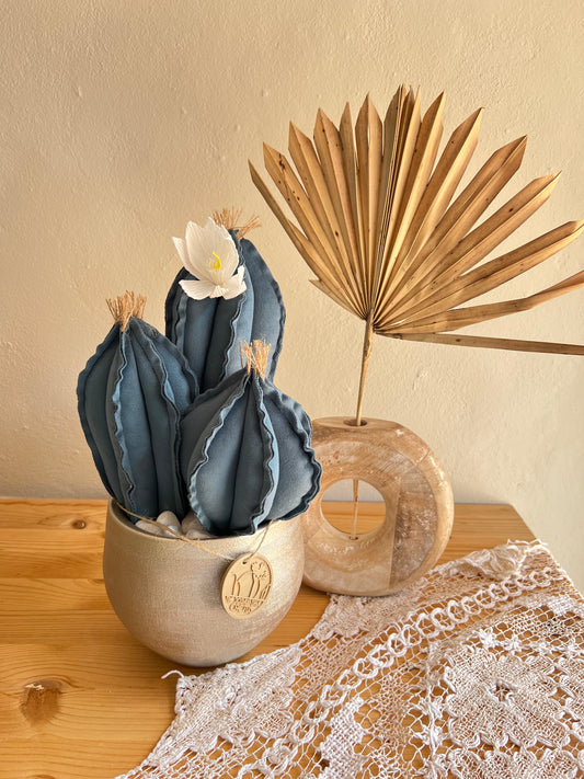 Composizione 3 cactus in velluto blu, vaso in ceramica argento - h circa 33cm - fiore staccabile.