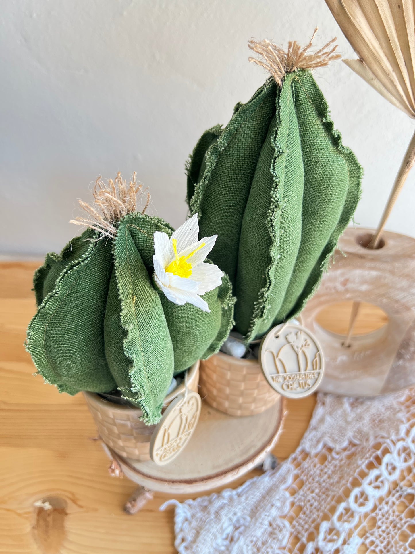 Coppia di mini Cactus in cotone verde scuri, vaso in ceramica beige a motivi quadrettati -  h circa 18 e 22  cm - fiore staccabile