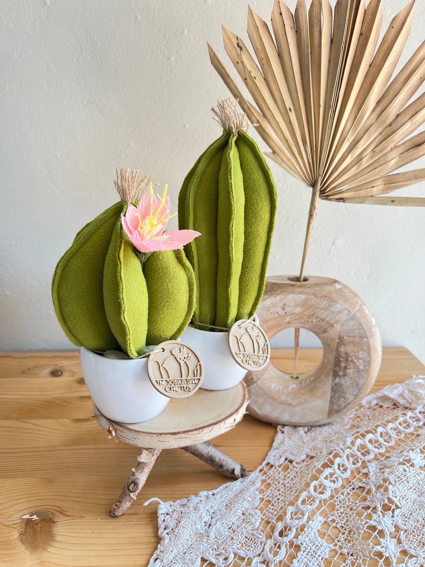 Coppia di mini Cactus in panno  verde chiaro, vaso in ceramica bianco liscio -  h circa 18 e 22  cm - fiore staccabile
