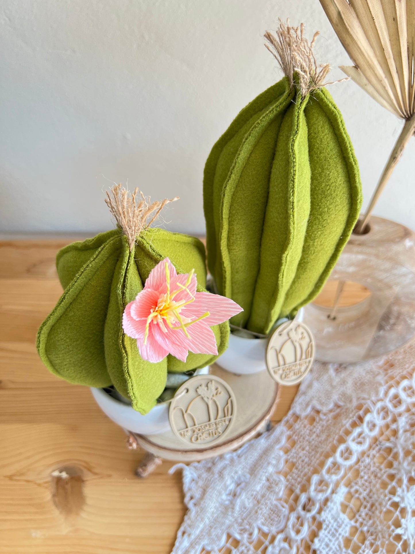 Coppia di mini Cactus in panno  verde chiaro, vaso in ceramica bianco liscio -  h circa 18 e 22  cm - fiore staccabile