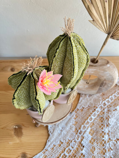 Coppia di mini Cactus in cotone verde chiaro, vaso in ceramica rosa pallido -  h circa 18 e 22  cm - fiore staccabile