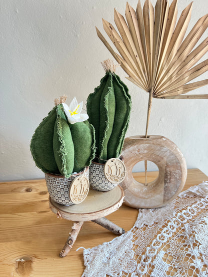 Coppia di mini Cactus in cotone verde scuro, vaso in ceramica bianca a motivi quadrettati -  h circa 18 e 22  cm - fiore staccabile.