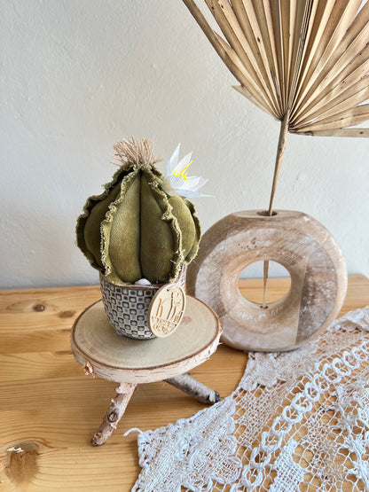 Mini cactus in velluto verde scuro, vaso in ceramica bianca a motivi quadrettati -  h circa 18 cm - fiore staccabile.