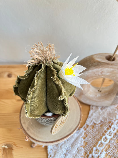 Mini cactus in velluto verde scuro, vaso in ceramica bianca a motivi quadrettati -  h circa 18 cm - fiore staccabile.