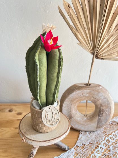 Mini Cactus in alcantara verde scuro, vaso in ceramica beige a motivi quadrettati -  h circa 22  cm - fiore staccabile.