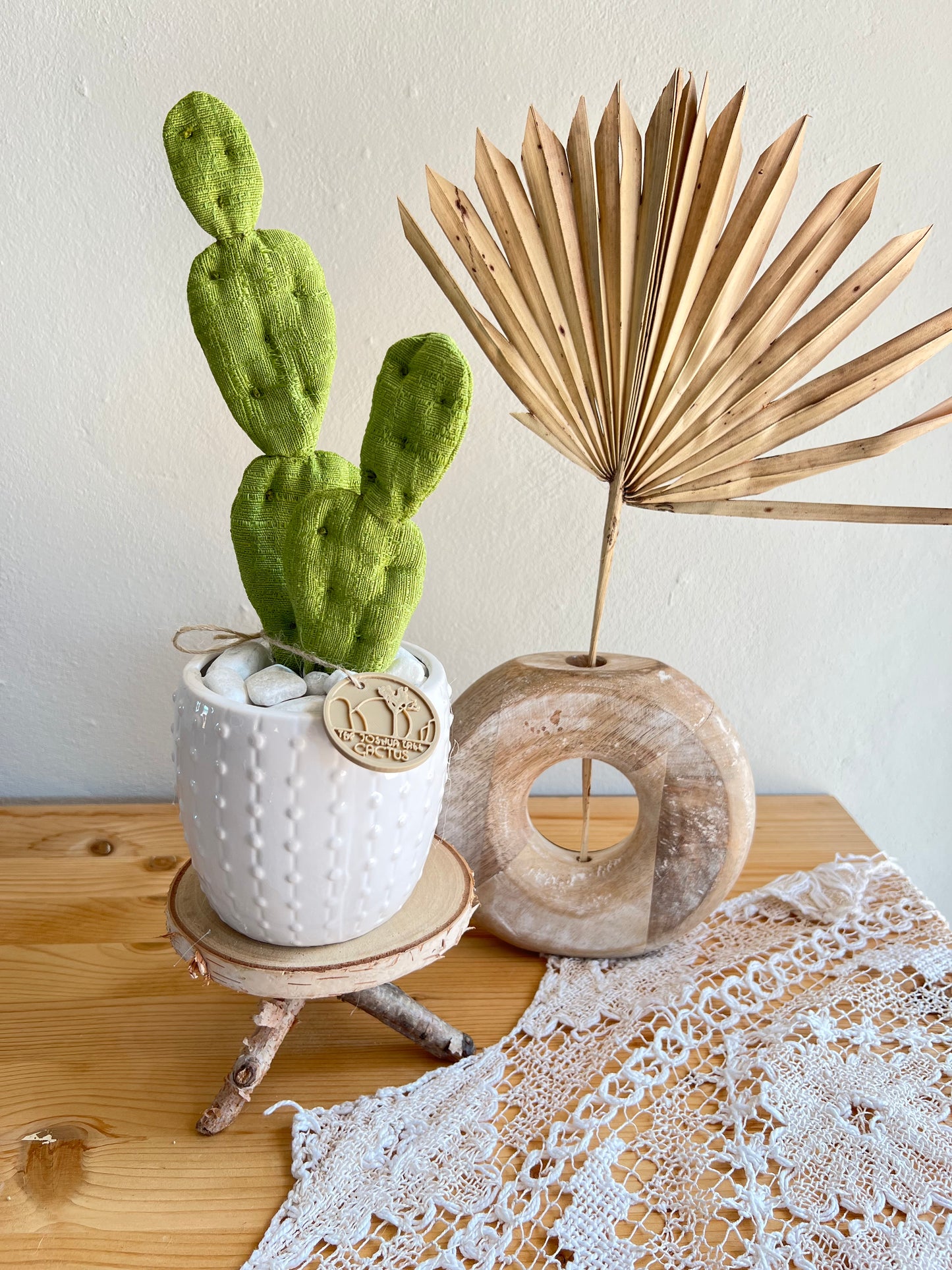 Opuntia in wool fabric complete with white ceramic vase and decorative stones.