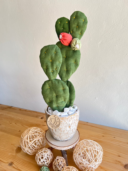 Opuntia Midi in cotone verde medio, vaso in ceramica lucida beige con motivi - in pronta consegna