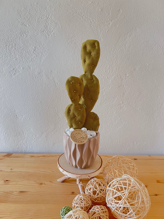 Mini Opuntia verde / giallo con vaso in ceramica opaca color tortora - in pronta consegna