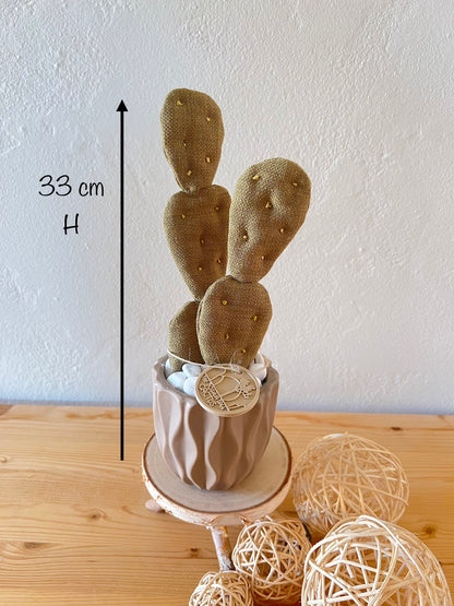 Opuntia in wool fabric complete with white ceramic vase and decorative stones.