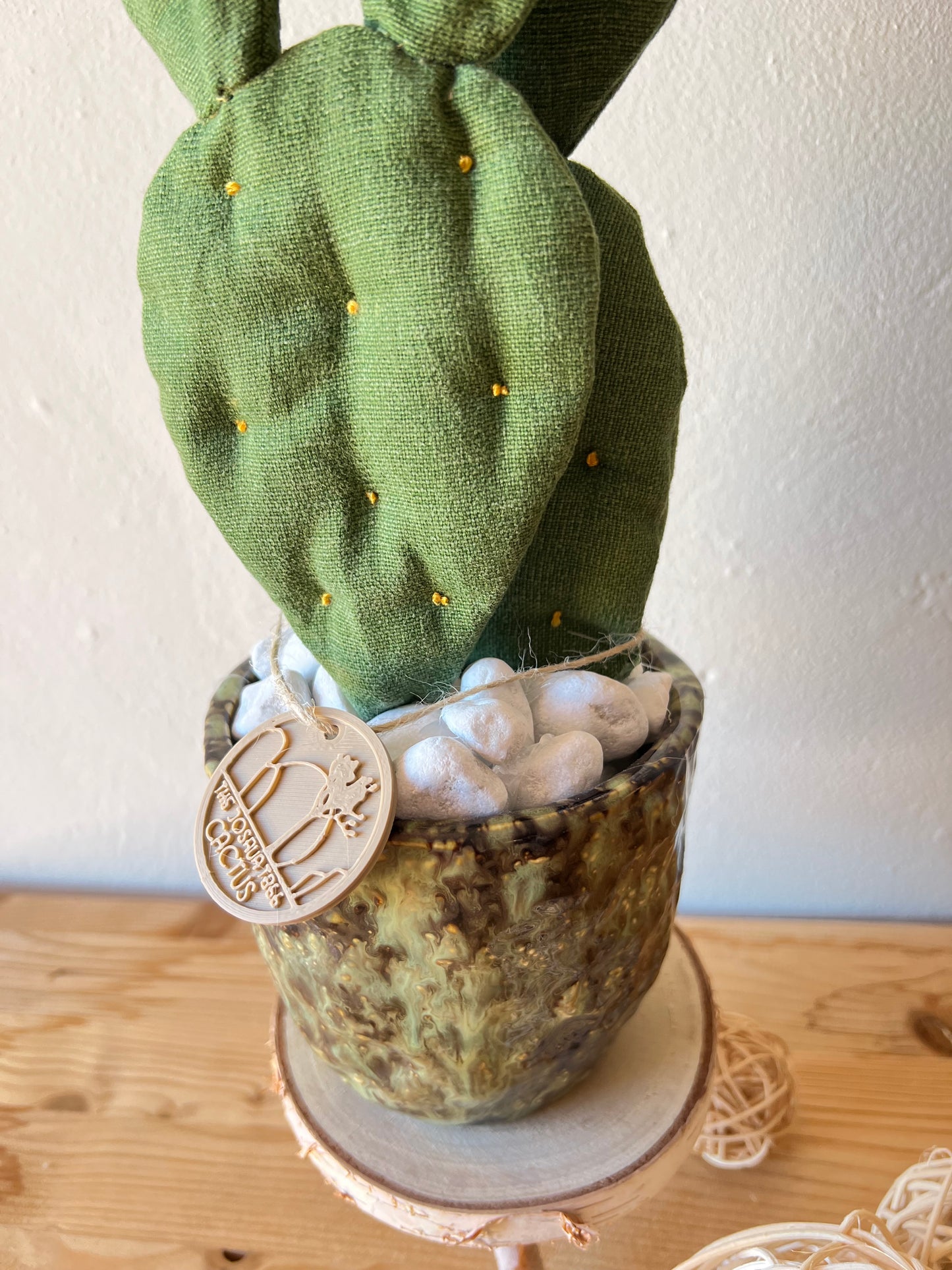Opuntia Midi in cotone verde medio, vaso in ceramica lucida verde con motivi - in pronta consegna