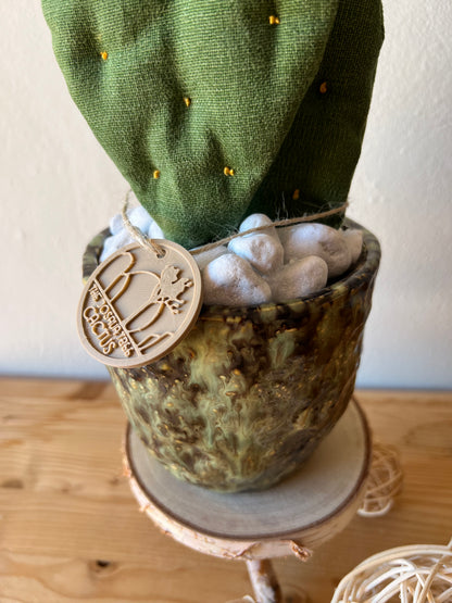 Opuntia Midi in cotone verde medio, vaso in ceramica lucida verde con motivi - in pronta consegna