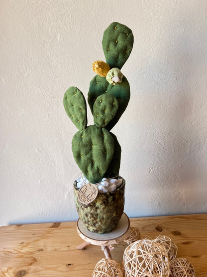 Opuntia Midi in cotone verde medio, vaso in ceramica lucida verde con motivi - in pronta consegna