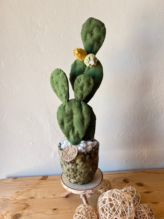 Opuntia Midi in cotone verde medio, vaso in ceramica lucida verde con motivi - in pronta consegna