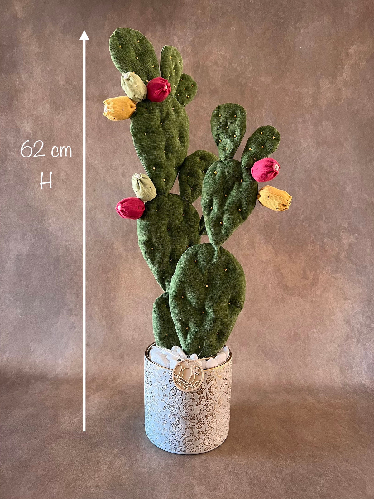 Opuntia verde scuro vaso in ceramica base oro con motivo floreale argento in pronta consegna