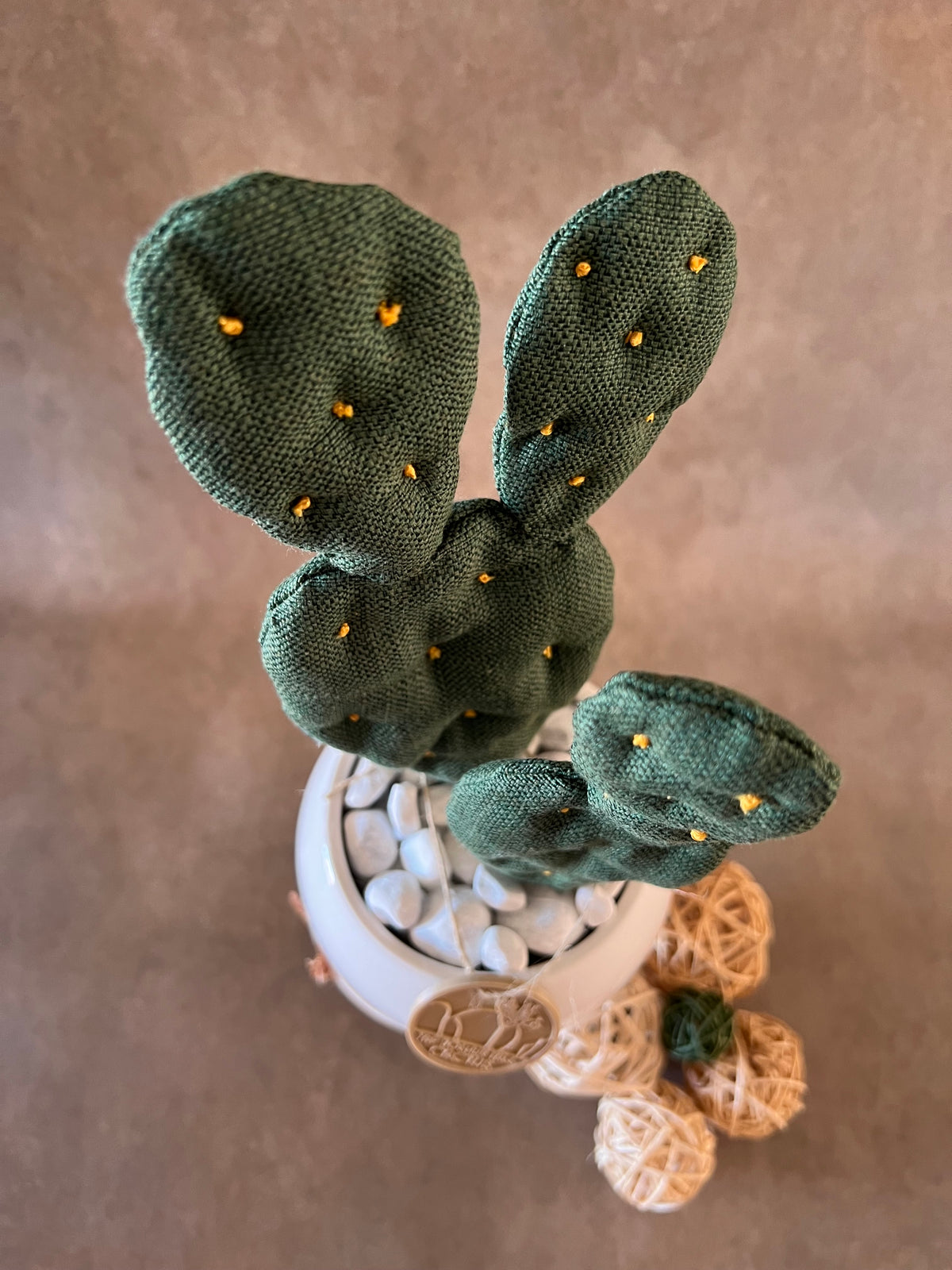 Opuntia in wool fabric complete with white ceramic vase and decorative stones.