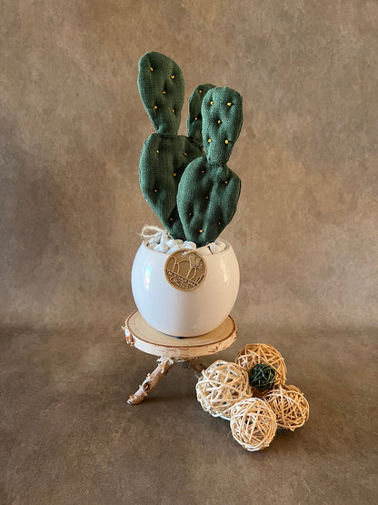 Opuntia in wool fabric complete with white ceramic vase and decorative stones.